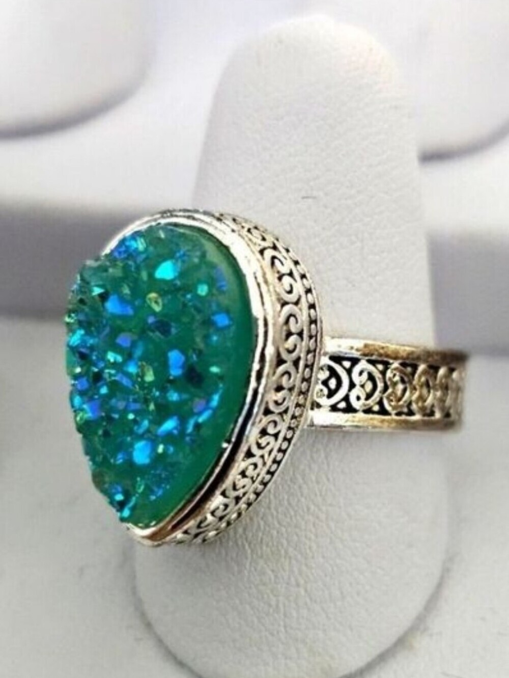 SILVER Vintage Style Sky Blue Rainbow Titanium Druzy Teardrop Ring Size 9 NWOT
